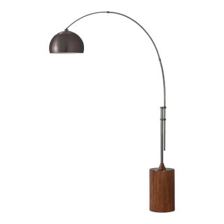 1980s 92" Tambo Floor Lamp - Mid Century Arc Lamp, Black Nickel Body Finish, Dimmable, Dark Walnut Base For Sale