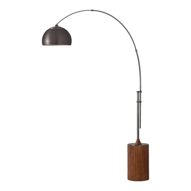92" Tambo Floor Lamp,1980s - Mid Century Arc Lamp, Black Nickel Body Finish, Dimmable, Dark Walnut Base For Sale