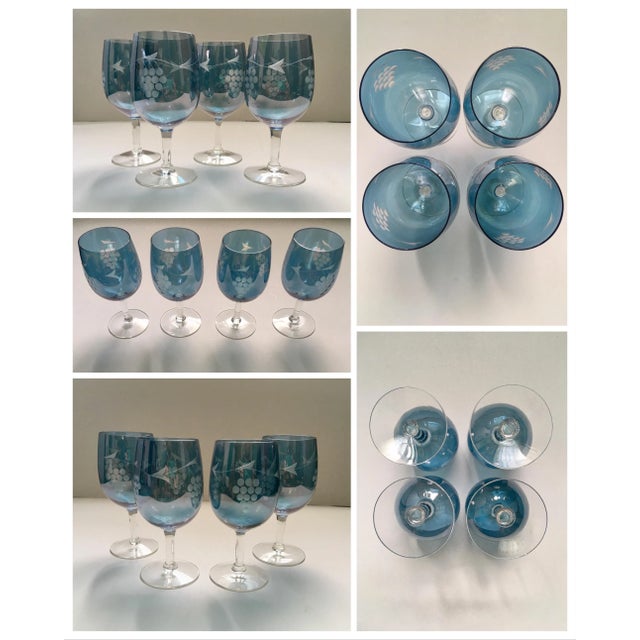 Sky Blue Vintage Light Blue Iridescent Grape Patterned Bohemian Glass Wine Set - 5 Pieces For Sale - Image 8 of 13