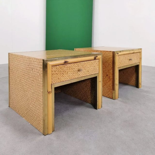 Vintage Bedside Tables in Brass Bamboo and Rattan in Southern Nurseries, 1970s, Set of 2, in Flawless conditions. Designed...