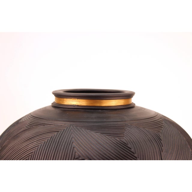 Pottery Geometric Vase in Black with Gilt Metal Applied Neck Chairish
