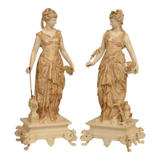 Antique Cast Spelter Pair Figural Goddess Statues For Sale