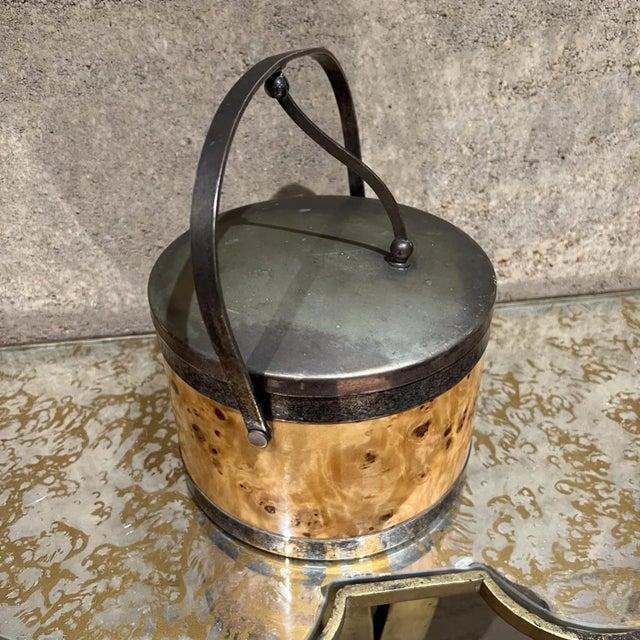 Brown Mid-Century Modern Italian Olive Burl Wood Silver Chrome Ice Bucket Italy For Sale - Image 8 of 14