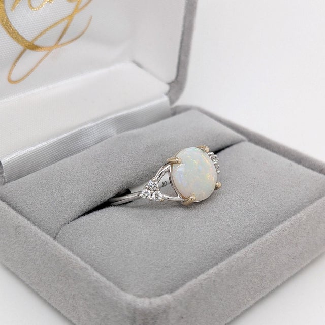 Metal 2Ct Multi Color Jelly Opal Ring With Natural Diamond Accents: Solid 14k Gold, Size 6.75 For Sale - Image 7 of 11