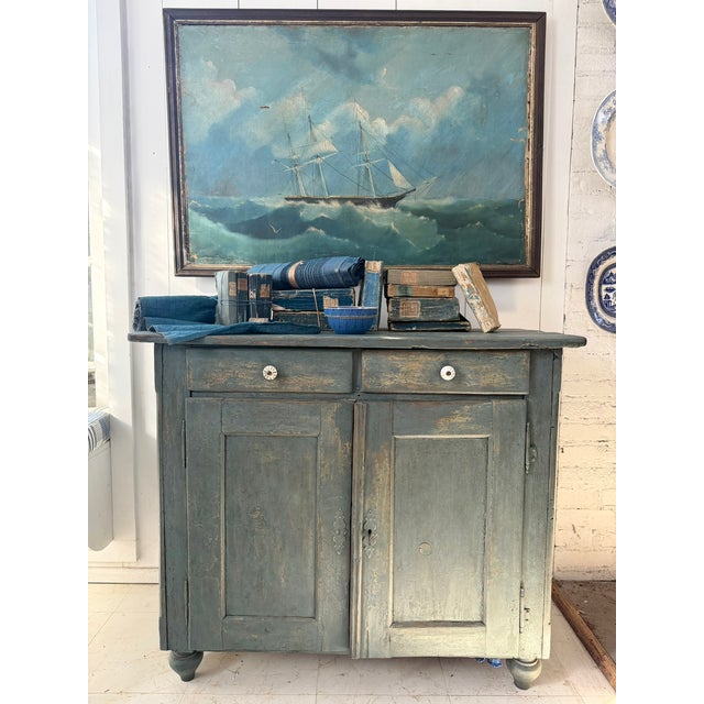 Wood Early 20th Century Blue Painted 2 Door Buffet, With 2 Drawers, Original Paint For Sale - Image 7 of 7