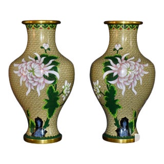 Vintage Chinese Cloisonne Enamel Vases Pair Mirrored Floral Chrysanthemum Mums For Sale