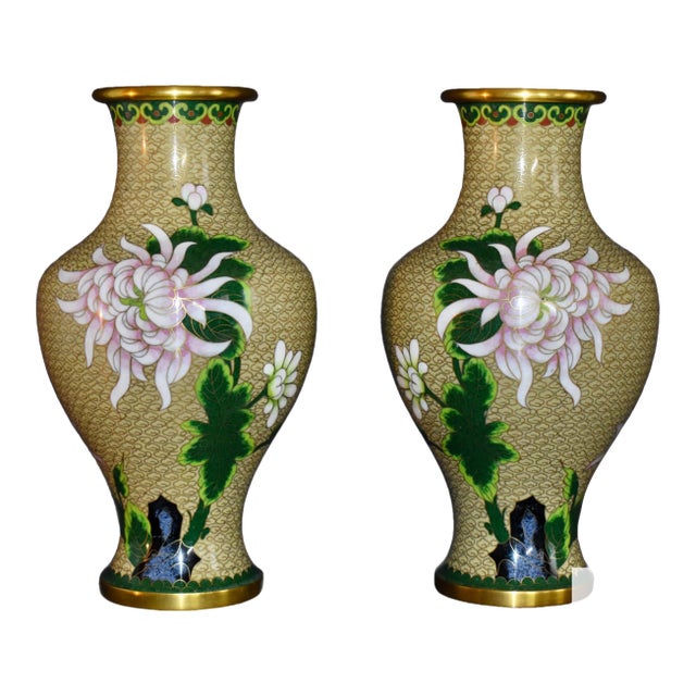 Vintage Chinese Cloisonne Enamel Vases Pair Mirrored Floral Chrysanthemum Mums For Sale
