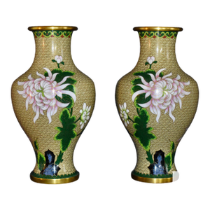 Vintage Chinese Cloisonne Enamel Vases Pair Mirrored Floral Chrysanthemum Mums