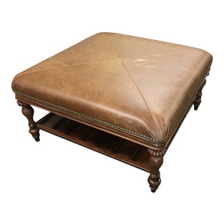 Thomasville Furniture Ernest Hemingway Masai Leather Square Oversized Ottoman With Shelf For Sale