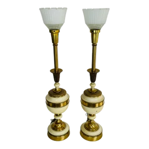 Vintage 1950s Hollywood Regency Style Brass & Ceramic Table Lamps, a Pair