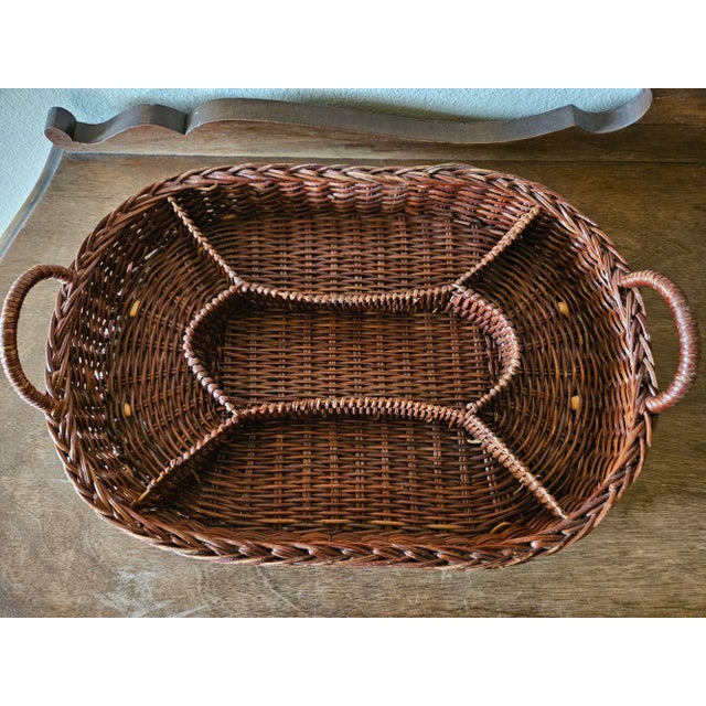 1980s Vintage Divided Wicker Basket For Sale - Image 4 of 9