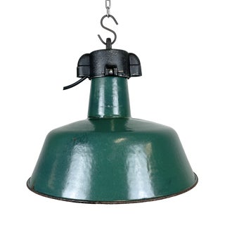 Industrial Green Enamel Factory Lamp with Cast Iron Top from Polam, 1960s For Sale