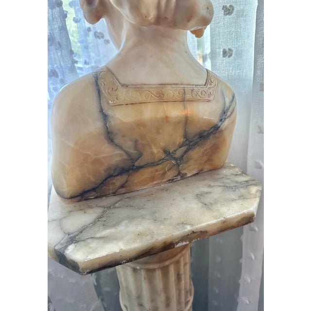 19th Century Italian Alabaster Bust of “The Sewing Girl” on Marble Pedestal, Neoclassical Sculpture For Sale - Image 9 of 12
