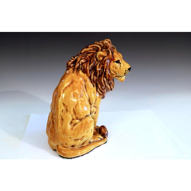 Italian Pottery Sitting Lion Bellini Vintage Orange Animal Figure Label 10" For Sale In New York - Image 6 of 11