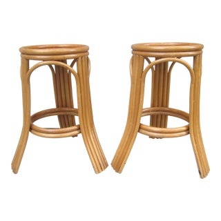 Paul Frankl Style Rattan Bamboo Flared Leg Tall Bar Stools - a Pair For Sale