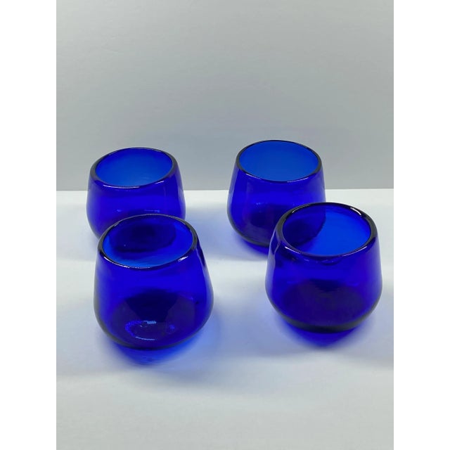 Glass Vintage Hand-Blown Cobalt Blue Decanter & Low Ball Glasses Set- 5 Pieces For Sale - Image 7 of 8