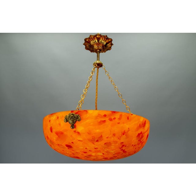 French Art Deco Mottled Orange Glass & Brass Pendant Light, 1930s For Sale - Image 16 of 18
