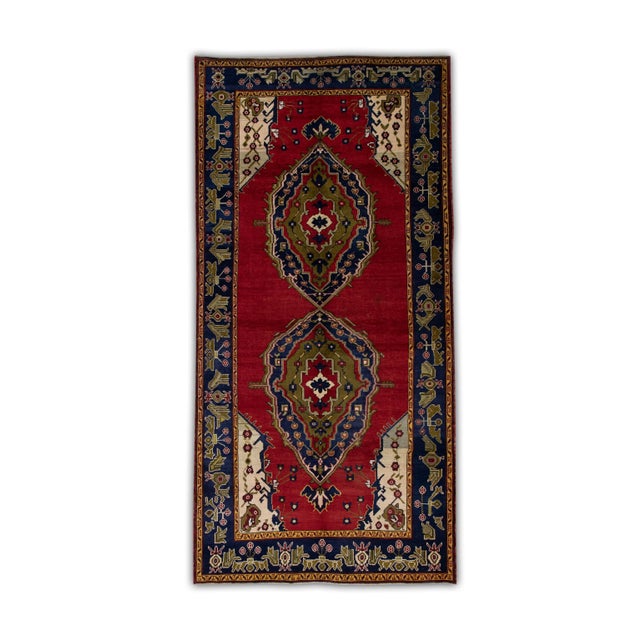 Textile 1960s Red & Blue Vintage Turkish Runner 5'8" X 11'5" For Sale - Image 7 of 7