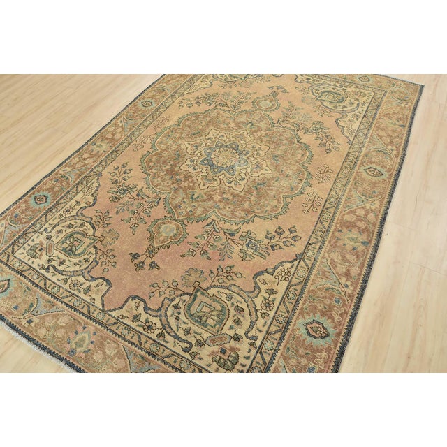 Farmhouse Tabriz Rug 6’2” X 9′ Pink Wool Vintage Distressed Hand-Knotted Oriental Carpet For Sale - Image 3 of 15