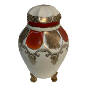 Antique Oscar Schlegelmilch Lidded Porcelain Jar – Hand Painted, Gold Gilt, Tripod Feet – Marked "639"
