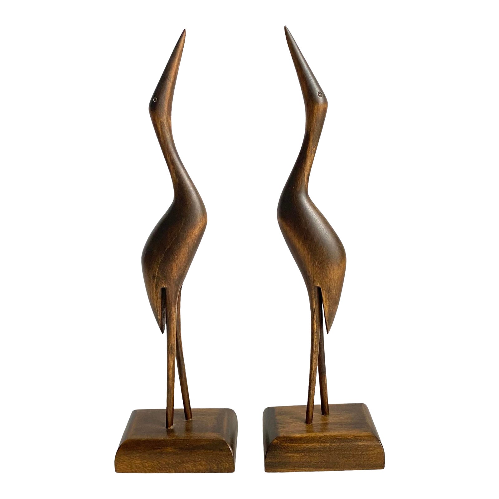 Mid Century Modern 1960s Carved Wood Crane Statues Boho Chic Birds a