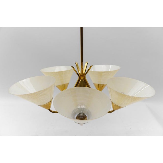 Mid-Century 5-Light Glass & Brass Ceiling Lamp, 1950s For Sale - Image 10 of 16