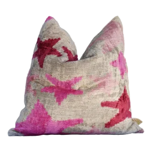 Handmade Modern Pink Rose Valvet Silk Ikat Pillow With Down Feather Insert