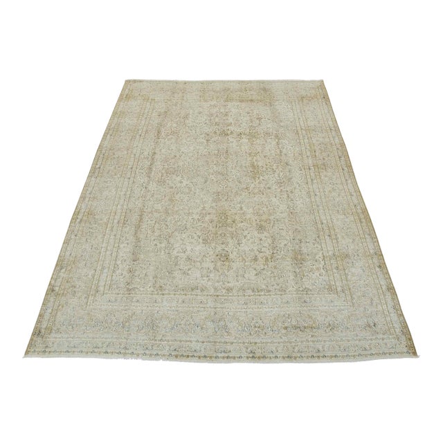 Tabriz Rug 9’9” X 12’2” Beige Wool Vintage Distressed Hand-Knotted Carpet For Sale