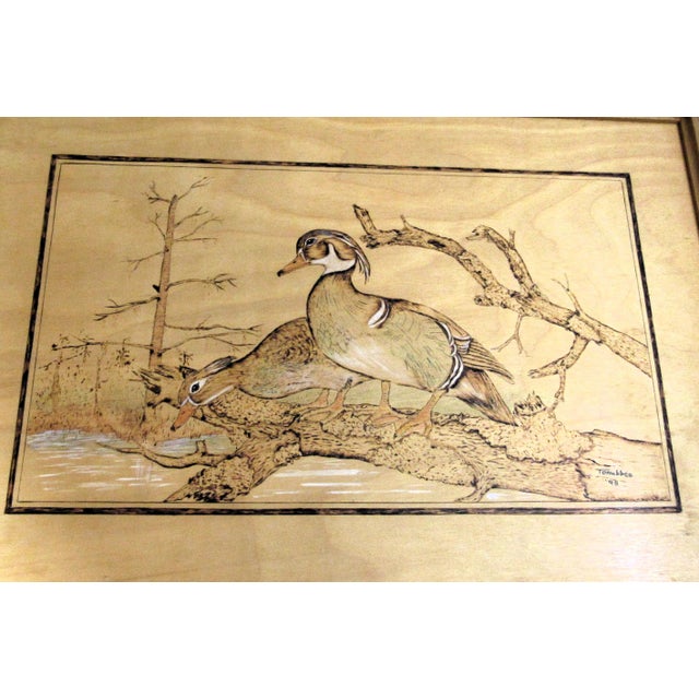 Late 20th Century Folk Art Choctaw Native American Pyrogrophy Wood Burning Wood Duck Art Signed For Sale - Image 12 of 15