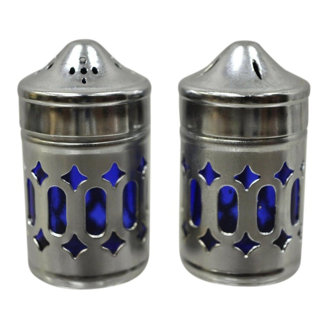 Vintage Cobalt Blue Glass Silver Plated Small Salt and Pepper Shakers