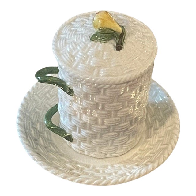 Vintage Italian Este Ceramiche Basketweave Lidded Pot With Serpent Handles For Sale