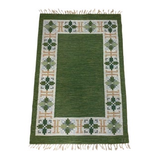 1960s Vintage Swedish Green Rölakan Rug by Fredrik Fiedler For Sale