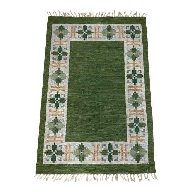 1960s Vintage Swedish Green Rölakan Rug by Fredrik Fiedler For Sale