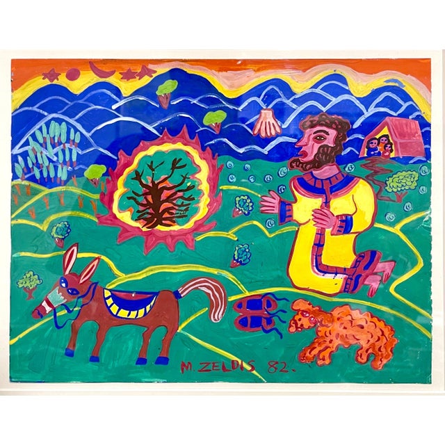 Paper Malcah Zeldis, Malcah Zeldis Folk Art Gouache Moses Bible Painting Self Taught Outsider Artist, 1982 For Sale - Image 7 of 9