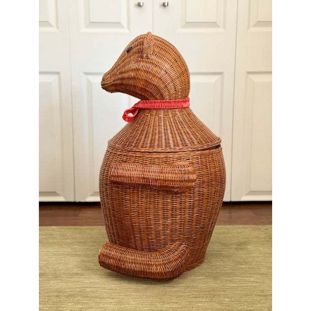 Wood Vintage Whimsical Figural Rattan Wicker Bear Basket Hamper With Lid For Sale - Image 7 of 10