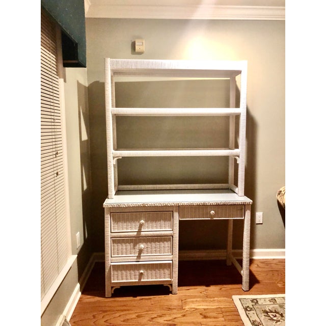 Vintage Henry Link White Wicker Desk and Book Shelf and Chair Chairish