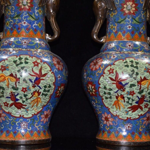 Mid 20th Century Monumental Pair of Cloisonné Enamel & Bronze Elephant-Handle Vases With Goldfish Motifs For Sale - Image 5 of 9