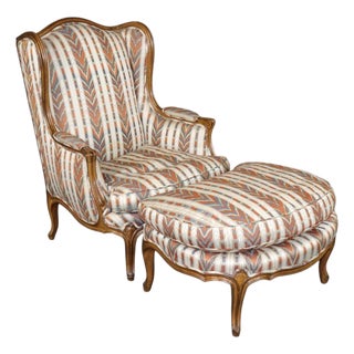 20th C. Louis XV Style Carved Wingback Bergere Chair & Ottoman For Sale