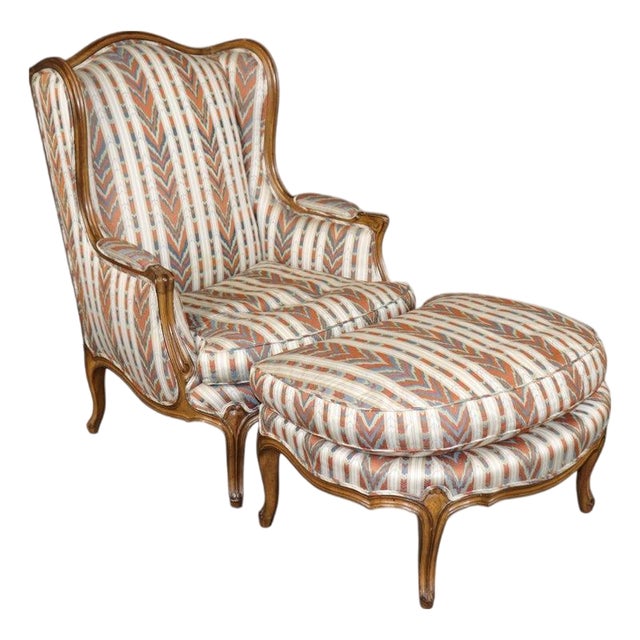 20th C. Louis XV Style Carved Wingback Bergere Chair & Ottoman For Sale