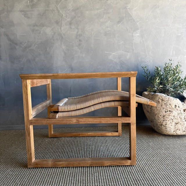 Indoor Outdoor Woven Rope Teak Wood Lounge Chair With Cushion For Sale - Image 13 of 13