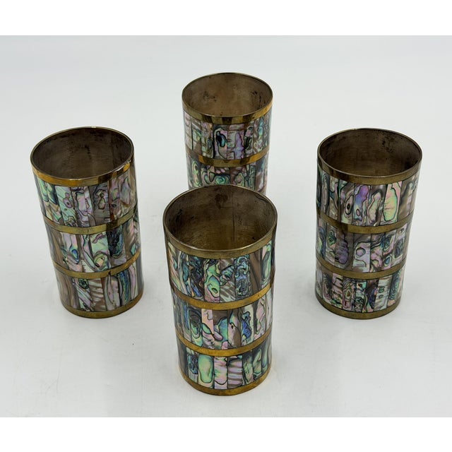 1950s Alfredo Villasana Taxco Brass & Abalone Pitcher and Tumblers - Set of 5 For Sale - Image 15 of 18