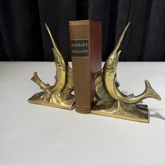 Late 20th Century Late 20th Century Swordfish Nautical Brass Bookends For Sale - Image 5 of 6