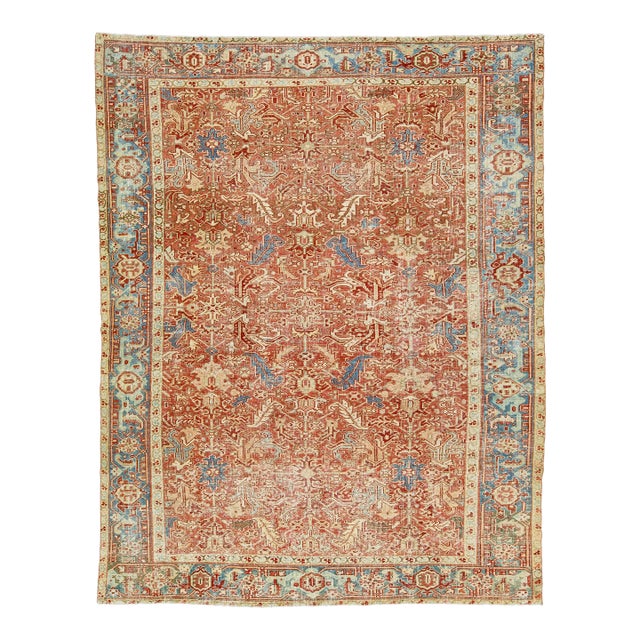 Handmade Persian Heriz Handmade Wool Rug in Red-Rust With Medallion Motif For Sale