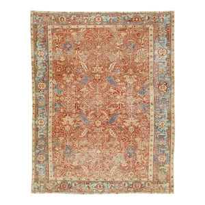 Handmade Persian Heriz Handmade Wool Rug in Red-Rust With Medallion Motif