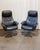 A matched pair of reclining leather lounge chairs by IMG Comfort of Norway, offered here with both original ottomans — a...