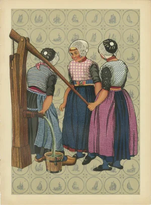 Girls of Urk in Holland at the Village Pump in Traditional Workwear, 1932, Paper