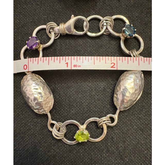 Contemporary Sterling Silver Hand Hammered Dome Ring and Matching Multi Gemstone Bracelet. 2 Pieces For Sale - Image 3 of 12