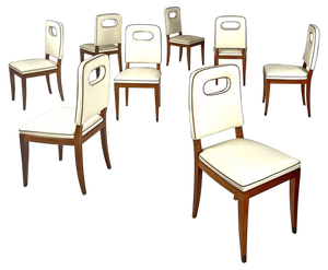 Italian Art Deco White Leather and Wood Chairs attributed to Giovanni Gariboldi, 1940s, Set of 8