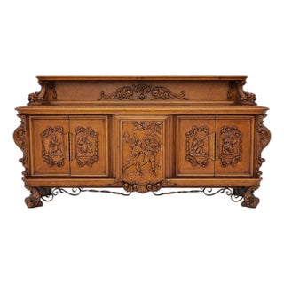 Antique 1900s French Quarter Sawn Oak Buffet – Medieval & Scholarly Carvings For Sale