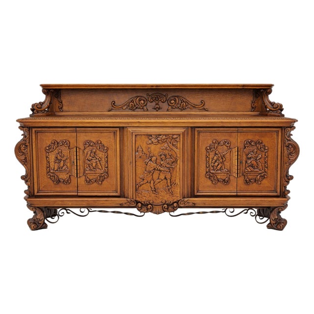 Antique 1900s French Quarter Sawn Oak Buffet – Medieval & Scholarly Carvings For Sale